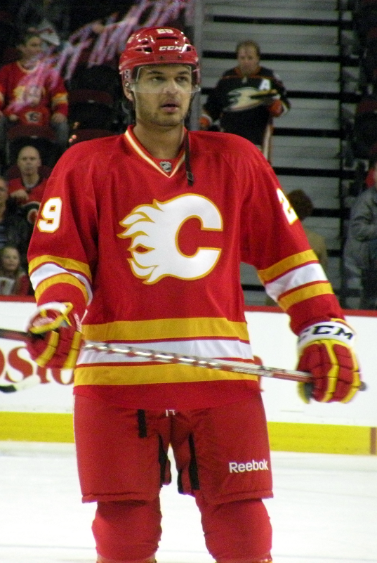 Akim Aliu with the Calgary Flames before an NHL game