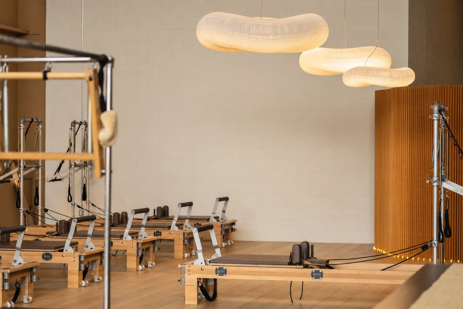 Titan’s airy studio with sculptural lighting, wood floors and BASI Reformers