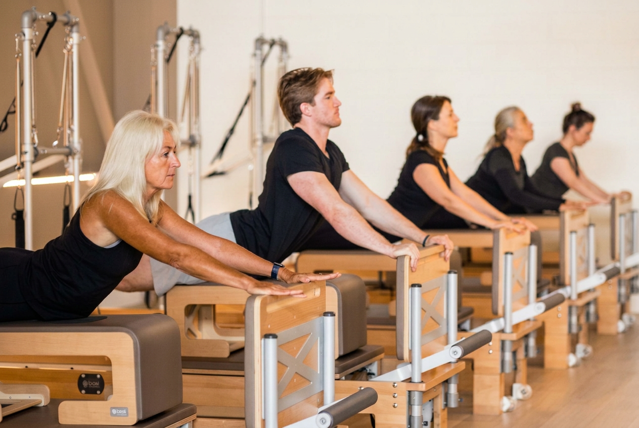 A coached Reformer Pilates class at Titan Pilates